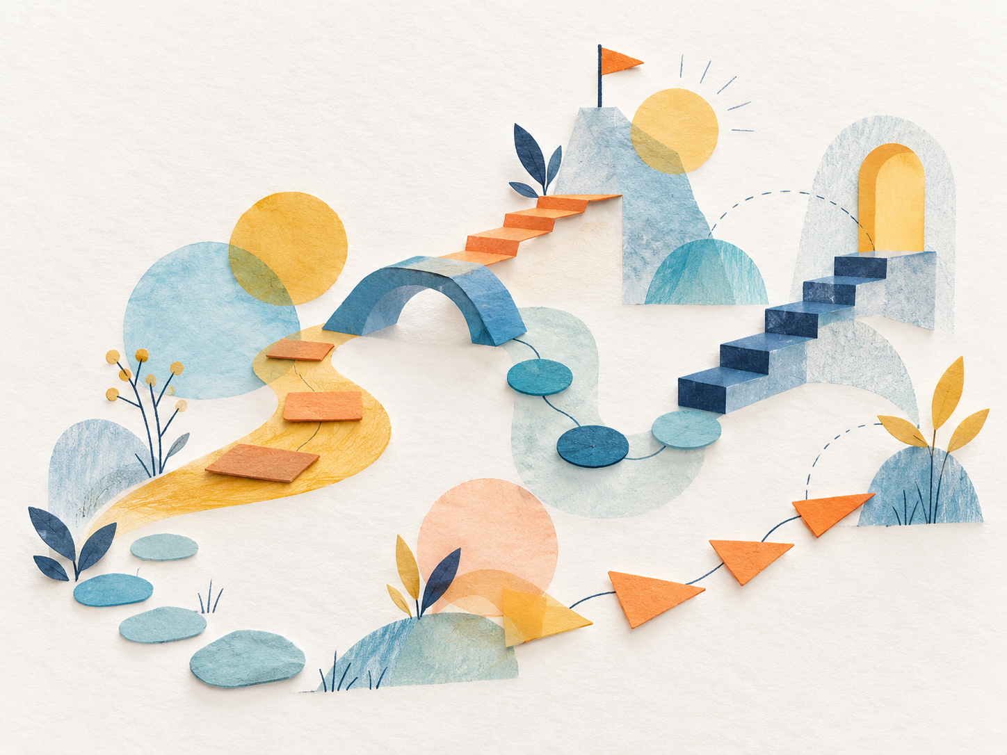A bright paper collage of different paths, small bridges, and steps toward new possibilities.